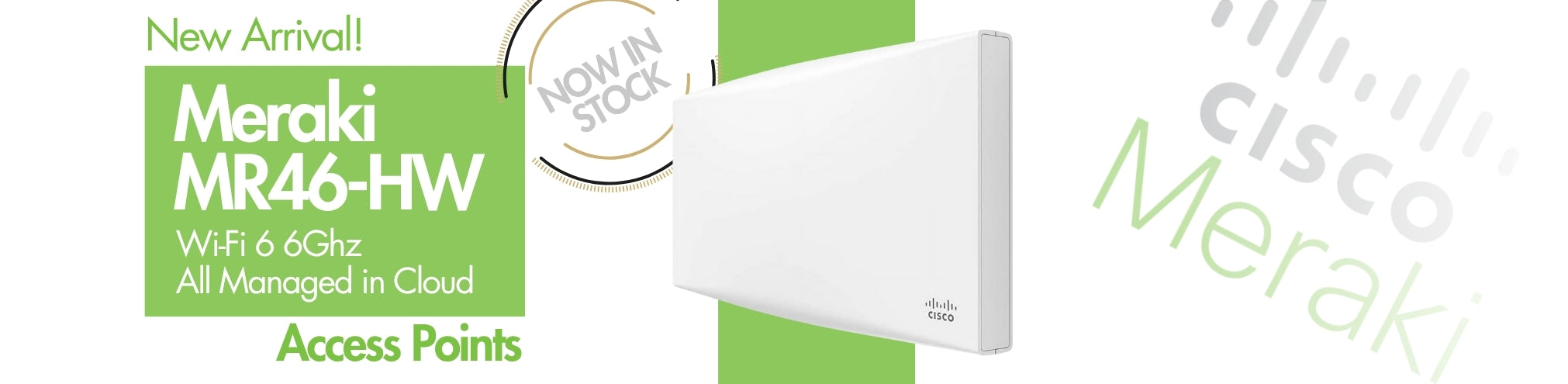 Meraki MR46-HW access point with Cisco branding on a green background